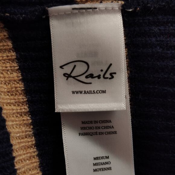 Rails Harris Merino Blend Sweater Size M Camel Navy Stripe Collared Neckline - Picture 11 of 12